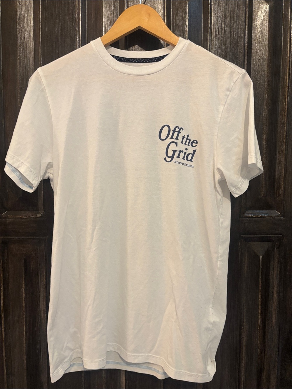Vineyard Vines White Tee with Navy "Off the Grid" Chest Graphic
